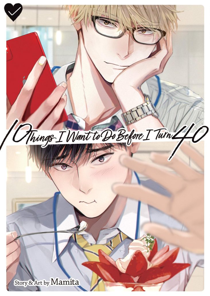 ten things i want to do before i turn 40 cover. in the top image, a man wearing glasses holds up his red smartphone. in the bottom image, another man eats a sundae while holding up his hand to block the camera.