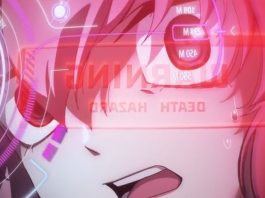 to be hero x header. a panicked loli, a young woman with pink hair, is surrounded by computer readouts
