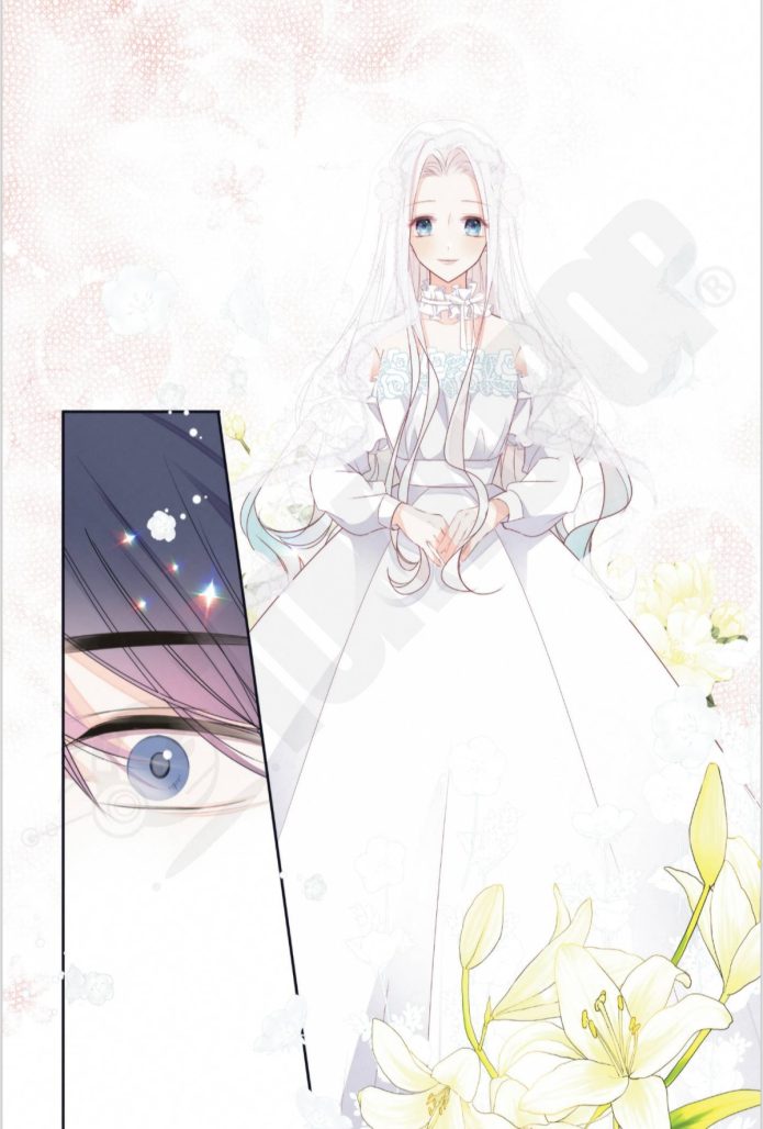 Closeup of a man's eye widening at the sight of his new bride. Illustrated manga panel. 