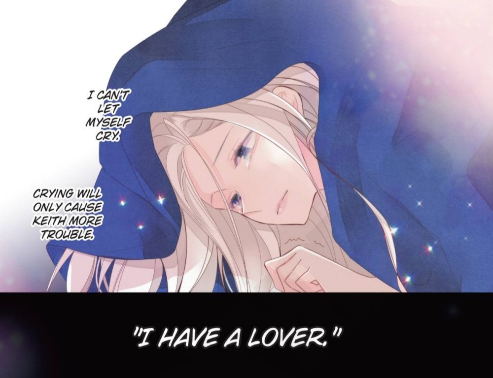 A woman covered in a blue blanket is tearful. Illustrated manga panel.