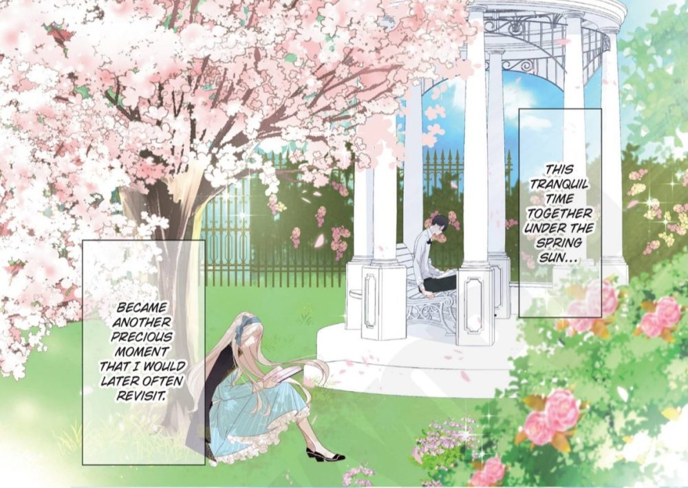 A woman sits underneath a cherry blossom tree reading while a man sits in a nearby gazebo. Illustrated manga panel.