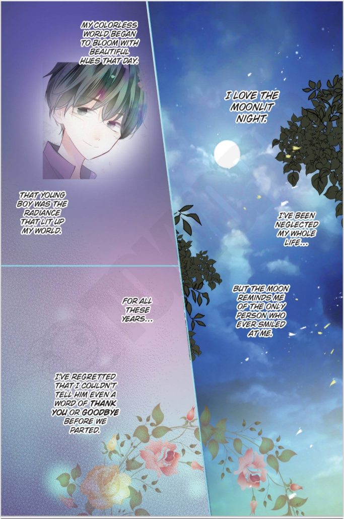 Illustrated manga panels showing a young boy, the moon, trees, and flowers.
