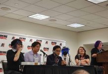 AnimeNYC 2025: Manga professionals talk about ‘More than One Way To Break Into Manga’ photograph of panelists and moderator. Left to right: Morgan Perry, Ricky Uy, Mark de Vera, Shirley Fang, Lydia Nguyen, TJ Ferentini.