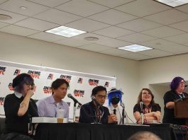 AnimeNYC 2025: Manga professionals talk about ‘More than One Way To Break Into Manga’ photograph of panelists and moderator. Left to right: Morgan Perry, Ricky Uy, Mark de Vera, Shirley Fang, Lydia Nguyen, TJ Ferentini.