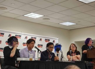 AnimeNYC 2025: Manga professionals talk about ‘More than One Way To Break Into Manga’ photograph of panelists and moderator. Left to right: Morgan Perry, Ricky Uy, Mark de Vera, Shirley Fang, Lydia Nguyen, TJ Ferentini.