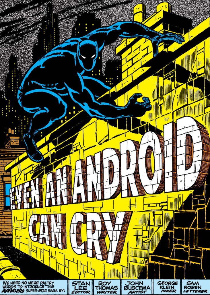 Black Panther prowling a city with the words "Even an Android Can Cry!" embedded into the wall.