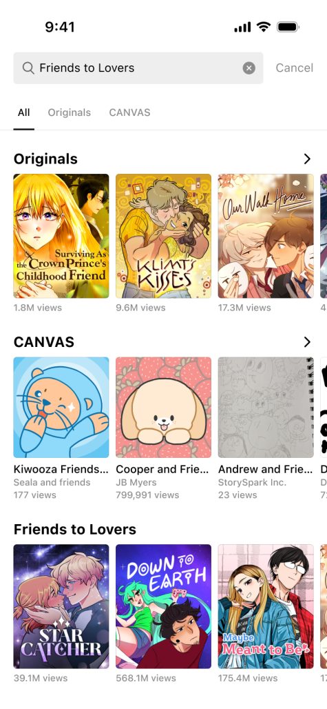 screenshot from Webtoon's app showcasing the new search engine filters with the keywords "friends to lovers" filtering and showing only series that match those keywords.