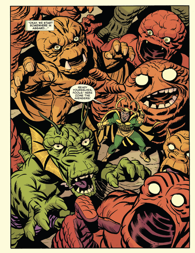 Loki surrounded by 50s Marvel monsters like Fin Fang Foom, Googam, Son of Goom, and Goom