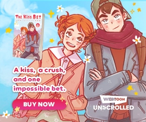 The Kiss Bet Vol. 2 banner featuring the cover of the book and the tagline, "A kiss, a crush, and one impossible bet."
