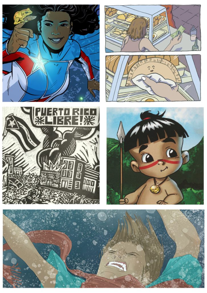 Upper left: "La Borinqueña" by Edgardo Miranda-Rodriguez. Center left: "Puerto Rican War" by John Vásquez Mejías. Top right: "00773" by Stephany Moyano Ayala. Center right: "Guailí" by Alice Vanessa Falto Ayala. Bottom: "Somebody Else's Story" by Ramos Sepúlveda.