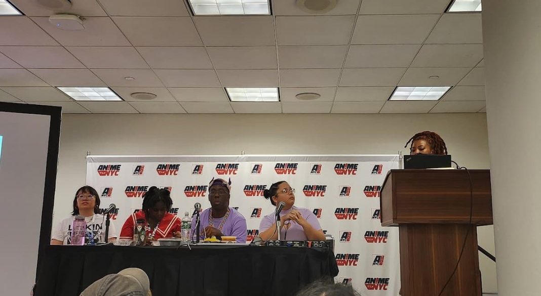 panelists and moderator of creating your lane in comics and manga. left to right: wendy xu, gigi murakami, tony weaver jr., lucy camacho, bria strothers