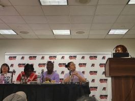 panelists and moderator of creating your lane in comics and manga. left to right: wendy xu, gigi murakami, tony weaver jr., lucy camacho, bria strothers