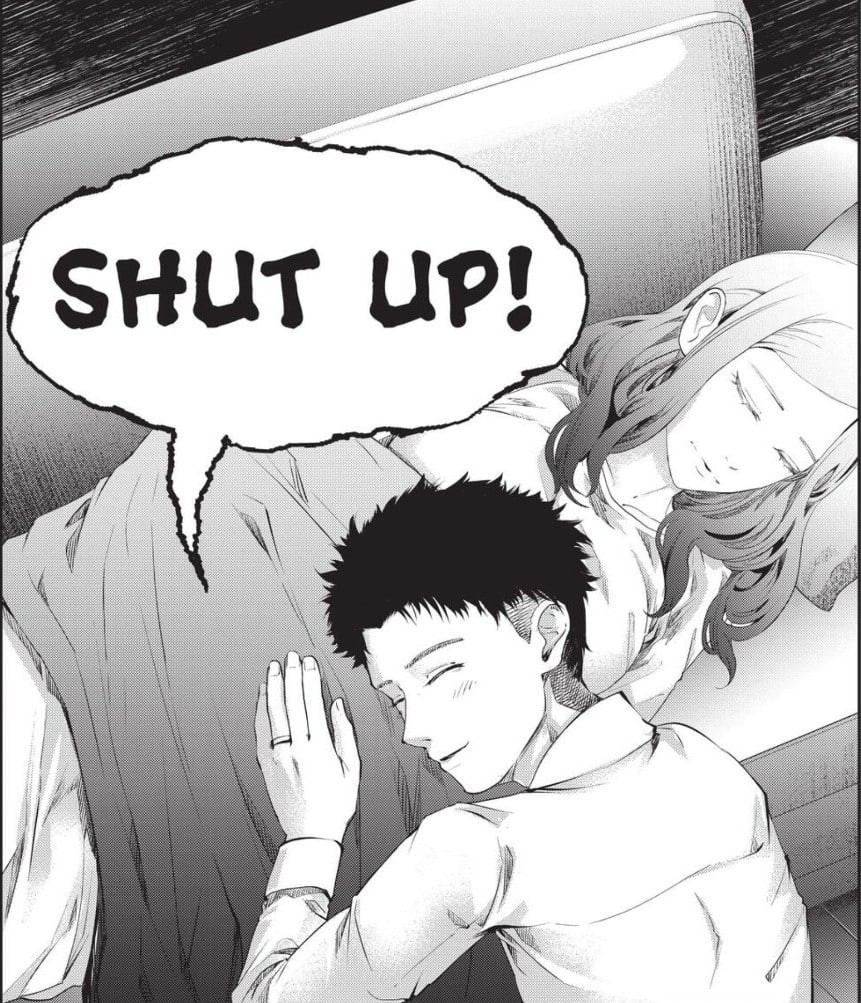 a scene from pregnant, from young magazine. an adult man rests his head on the belly of his wife, who is sleeping under a blanket on the sofa. a speech bubble comes from his wife's stomach, saying, "SHUT UP!"