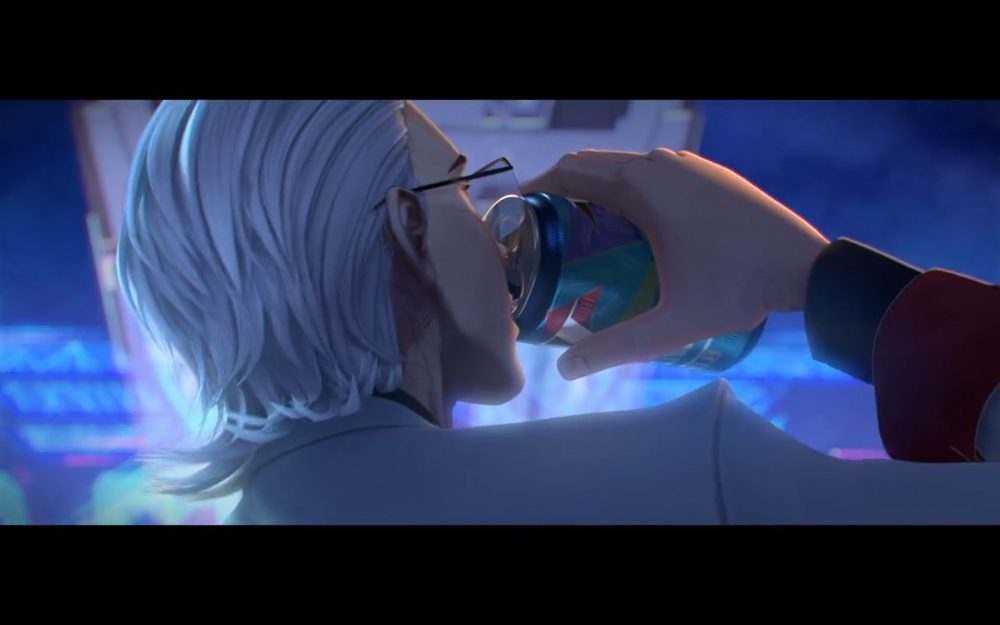 x, a man with white hair wearing a white suit, drinks from a can