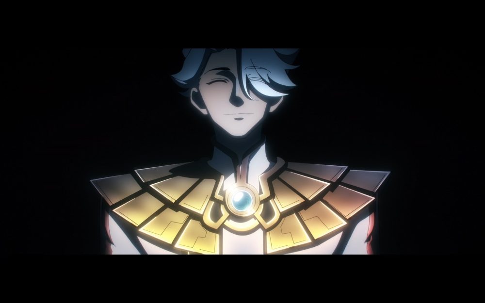 nice, a superhero with white hair and wearing gold regalia, smiles suspiciously in the darkness