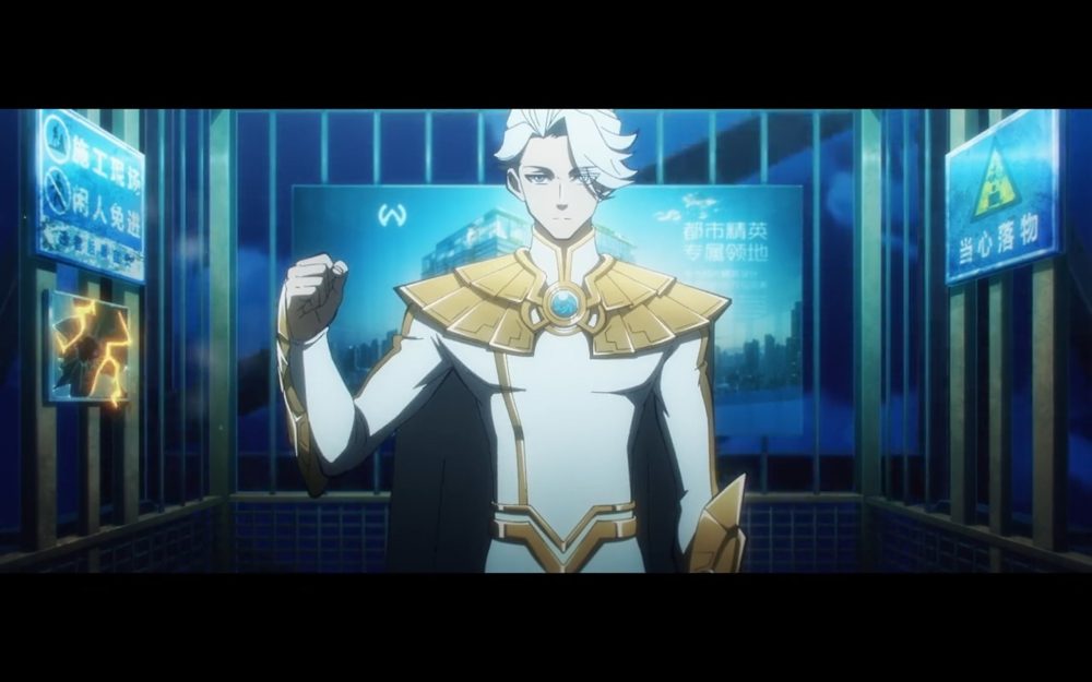 nice, a man wearing white hair and a white and gold bodysuit, smashes a monitor to his left. he is standing in an elevator.