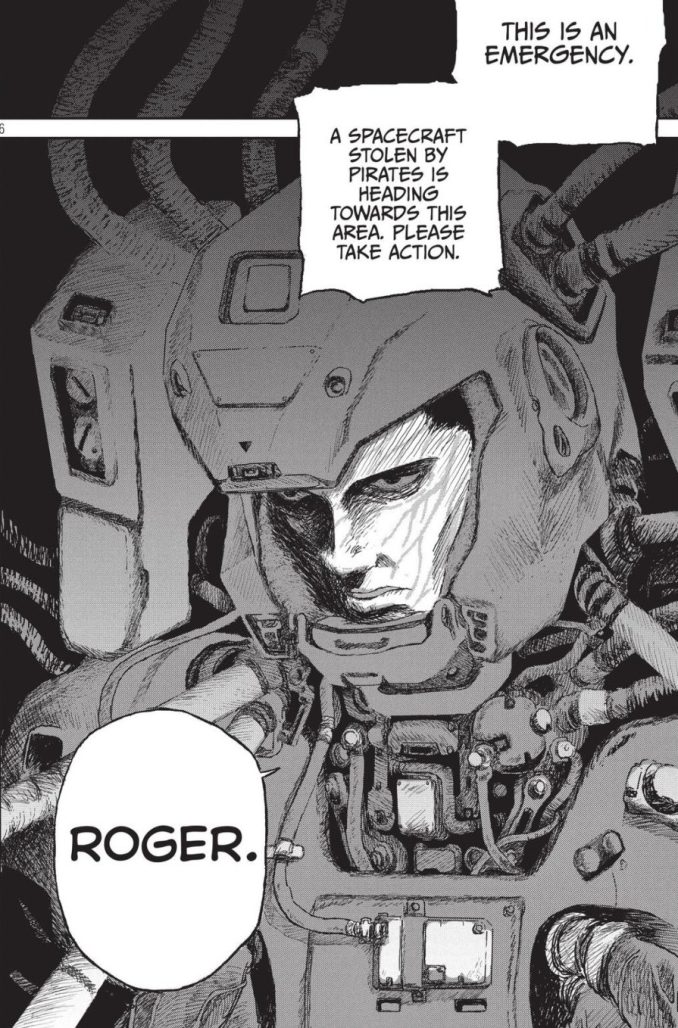 a scene from the last terran, from young magazine. a voice says, "this is an emergency. a spacecraft stolen by pirates is heading towards the area. please take action." a tired-looking man with visible face veins, wearing a spacesuit covered with pipes and wires, says, "roger."