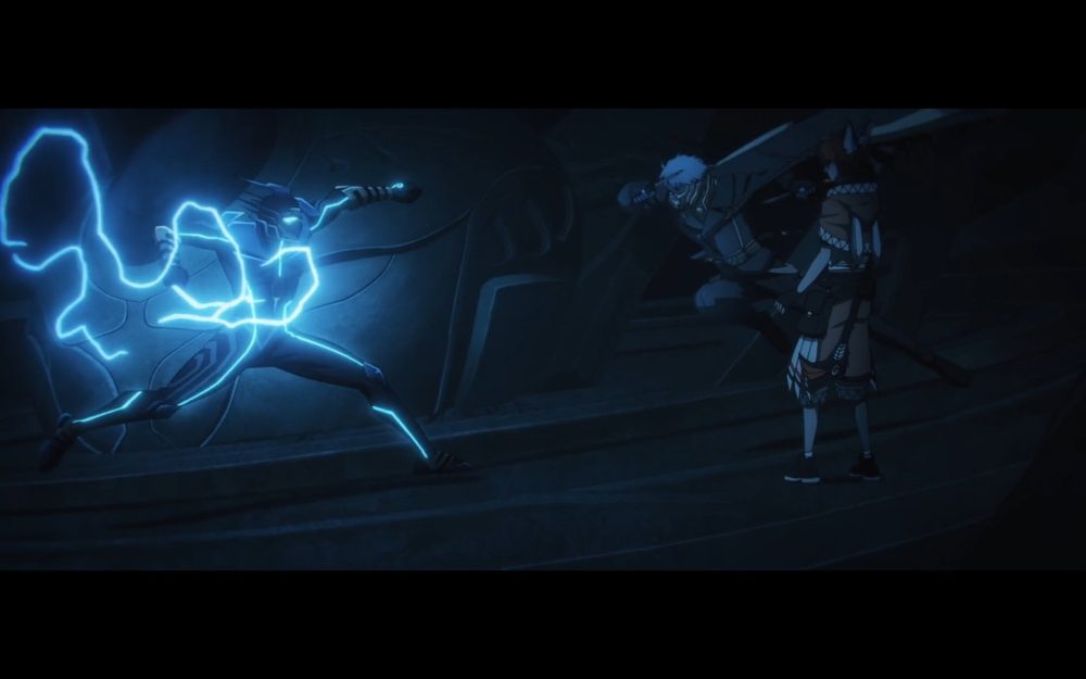 e-soul and ghostblade face off in the darkness while little johnny looks on