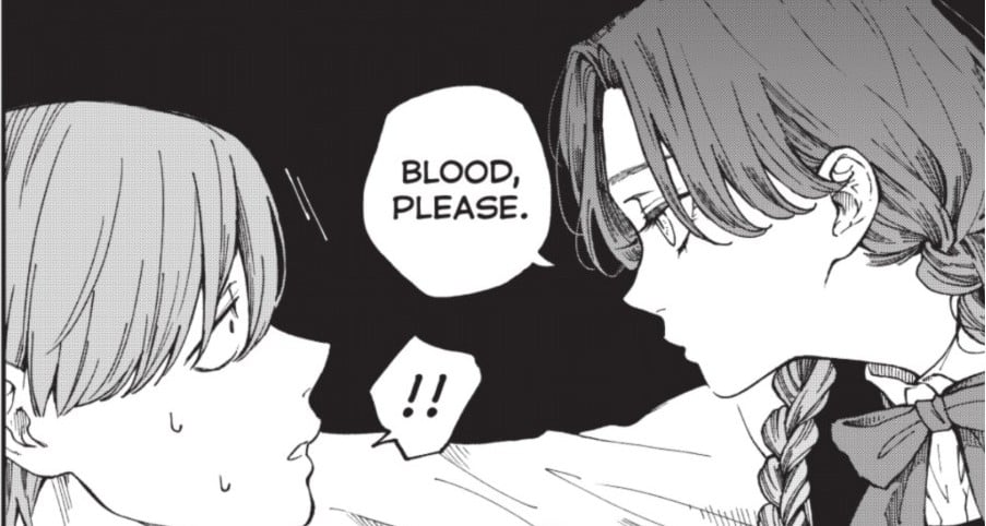 a scene from to dusk and twilight from young magazine. a girl with braids leans over a confused-looking man. she requests, "blood, please."