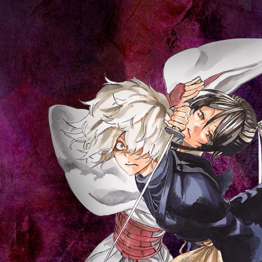hell's paradise webtoon image. a woman wearing a white robe holds her sword to the neck of a man with white hair wearing black clothes.
