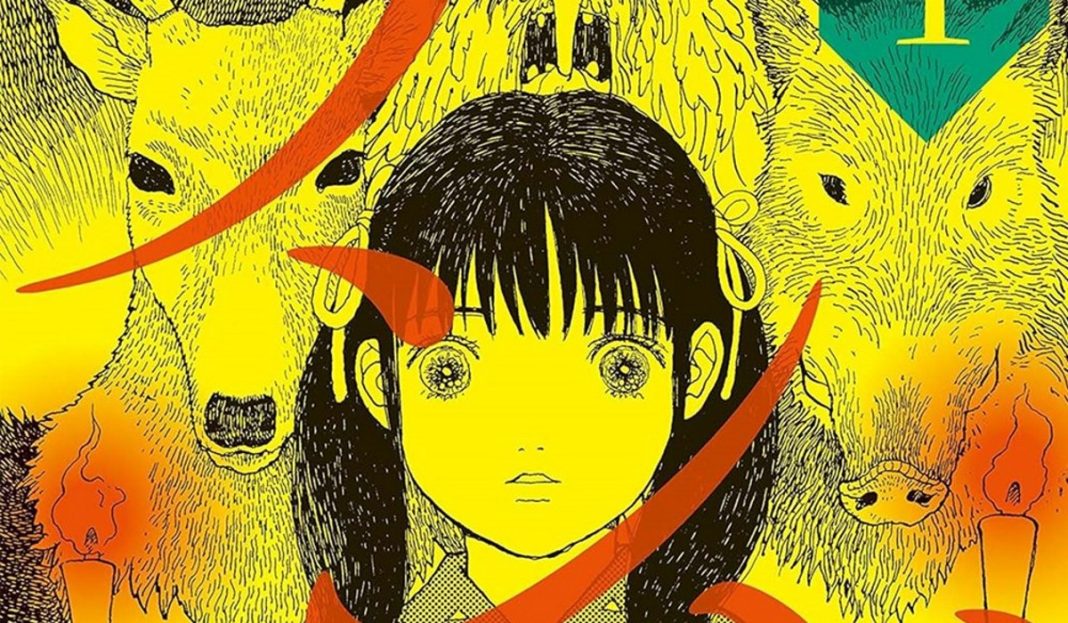 land featured image. a young girl stand between people wearing the heads of a dear and a boar. a mouth grimaces above.