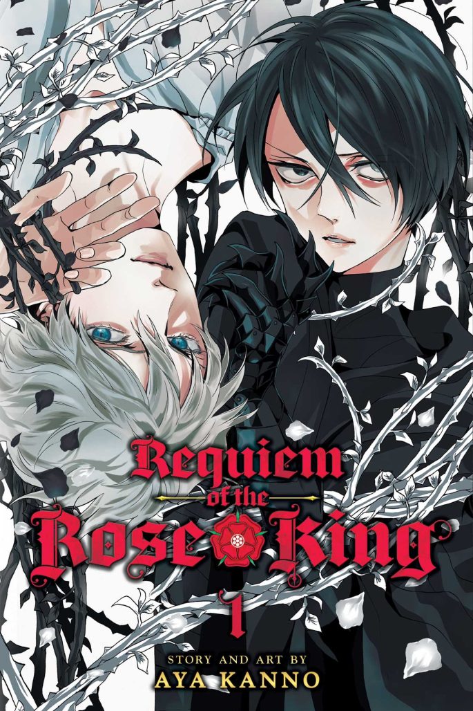 requiem of the rose king cover. two boys with black and white hair respectively are bound together by black and white thorns.