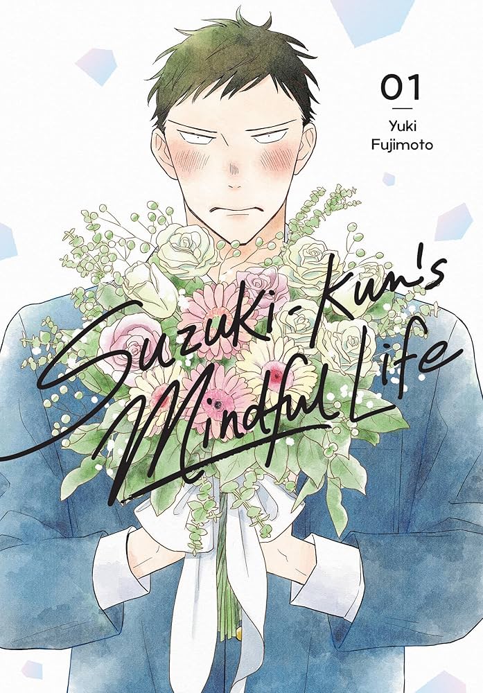 suzuki-kun's mindful life cover. a scowling boy wearing a suit holds a bouquet of flowers.