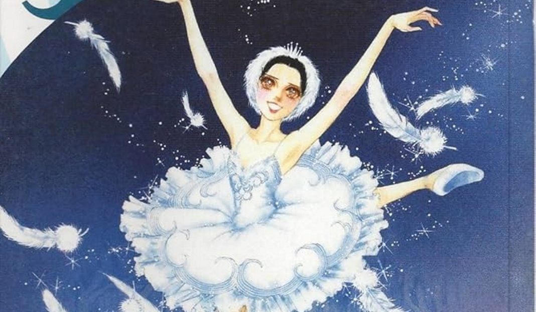 swan header. a woman does ballet wearing a white tutu and headdress as white feathers fall behind her.