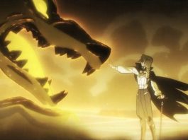 to be hero x ruins incident header. queen holds out her arm to touch big johnny's nose. they are surrounded by smoke illuminated by a golden aura.