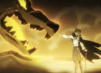 Anime Review: TO BE HERO X explodes in “The Ruins Incident” to be hero x ruins incident header. queen holds out her arm to touch big johnny's nose. they are surrounded by smoke illuminated by a golden aura.