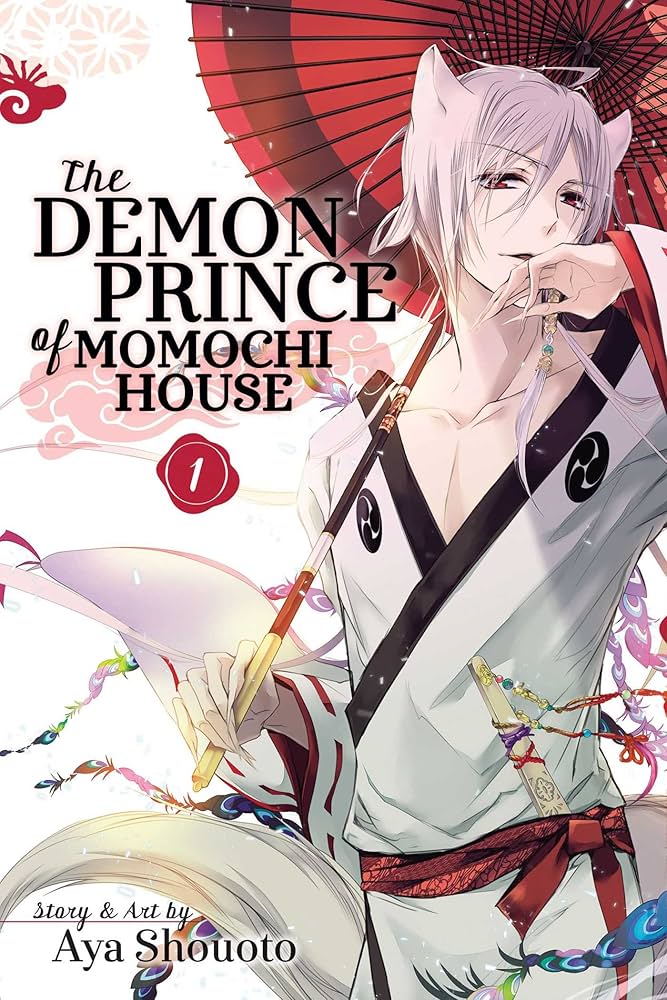 the demon prince of momochi house cover. a man with cat ears and white hair holds an umbrella.