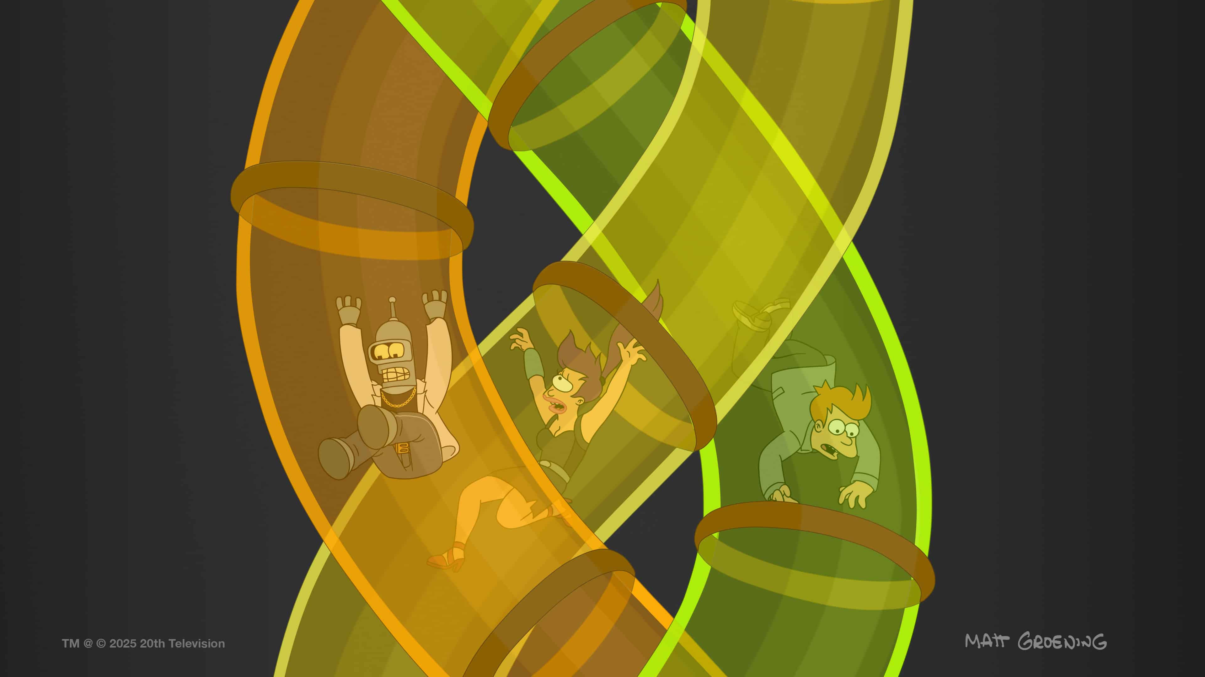 Bender, Leela and Fry fall down three tubes.