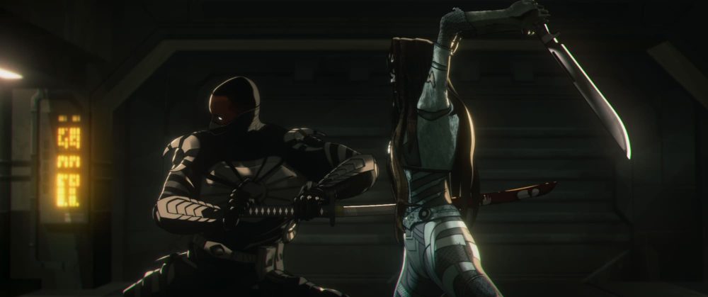 Blade Knight/Eric Brooks (Todd Williams) dispatching a zombie Ghost/Ava Starr on Marvel Zombies episode 1