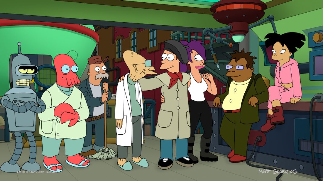 The PlanEx crew standing together in the lab. Fry is dressed as an artist.