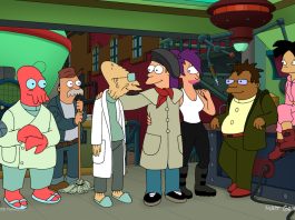 TV Review: Prepare your Still Suit & Binge-O-Lounger: FUTURAMA Season 13 lands today The PlanEx crew standing together in the lab. Fry is dressed as an artist.