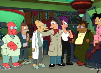 TV Review: Prepare your Still Suit & Binge-O-Lounger: FUTURAMA Season 13 lands today The PlanEx crew standing together in the lab. Fry is dressed as an artist.