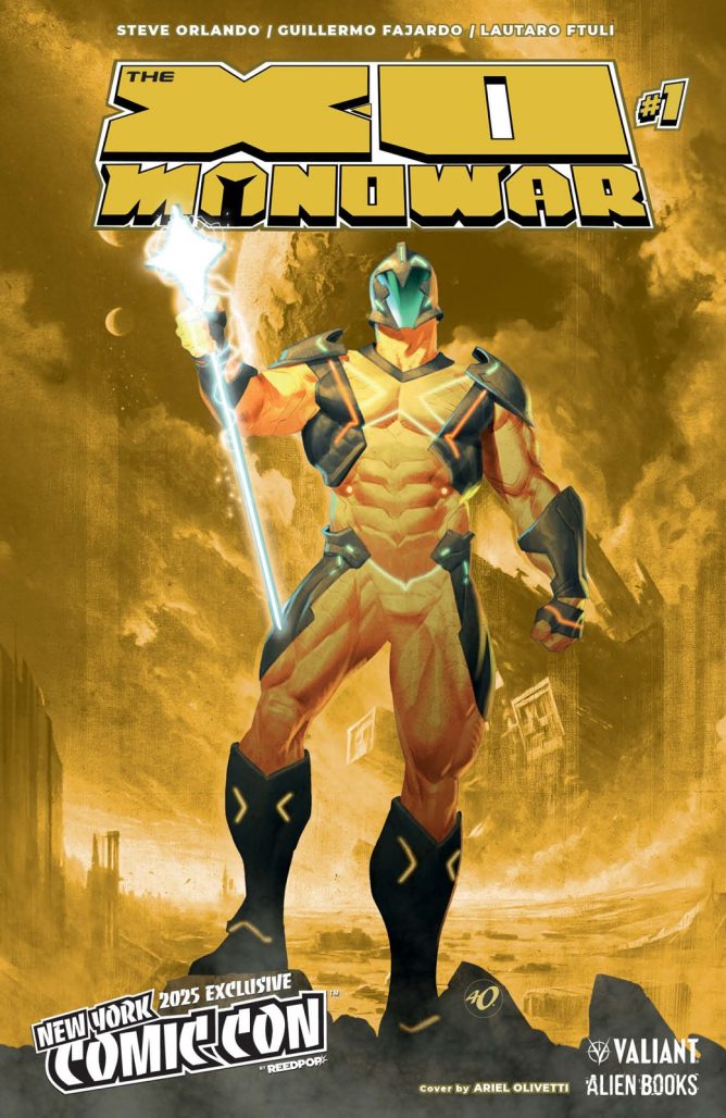 X-O Manowar stands tall against a stylized golden background.