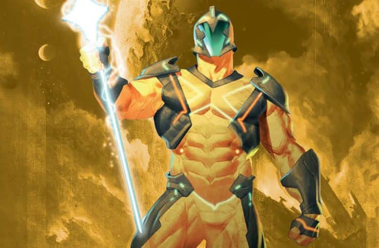 X-O Manowar on a stylized golden background