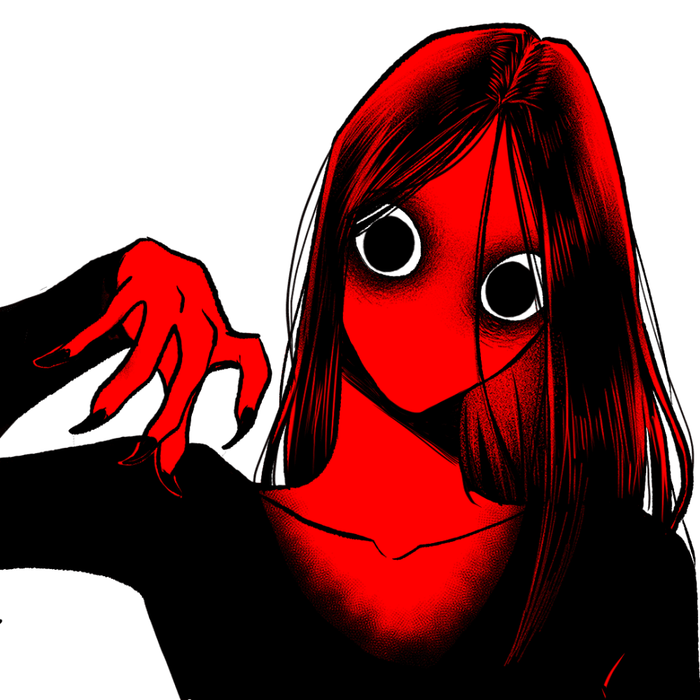 the bathroom ghost image. a red and black ghost with bulging eyes, long hair and sharp fingernails stares at the reader.
