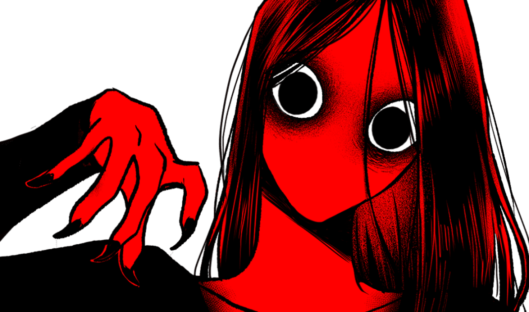 bathroom ghost header bathroom ghost header. red and black ghost woman with bulging eyes, sharp fingernails and long hair.