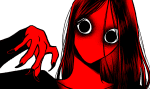 Beat’s Bizarre Adventure: THE BATHROOM GHOST creeps out bathroom ghost header. red and black ghost woman with bulging eyes, sharp fingernails and long hair.