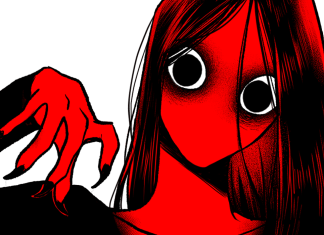 Beat’s Bizarre Adventure: THE BATHROOM GHOST creeps out bathroom ghost header. red and black ghost woman with bulging eyes, sharp fingernails and long hair.