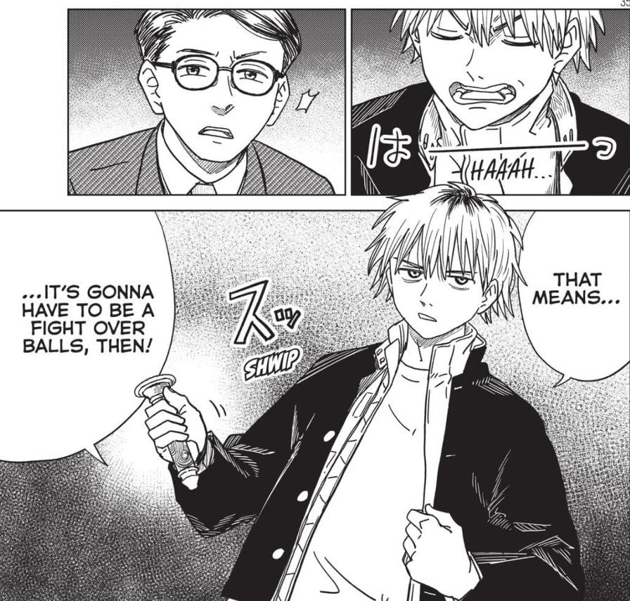 image from kikikaikai. the hero takes a deep breath, then readies the handle of a sword. "that means," he says, "it's gonna have to be a fight over balls, then!" a man wearing a suit and glasses looks on, dumbfounded.