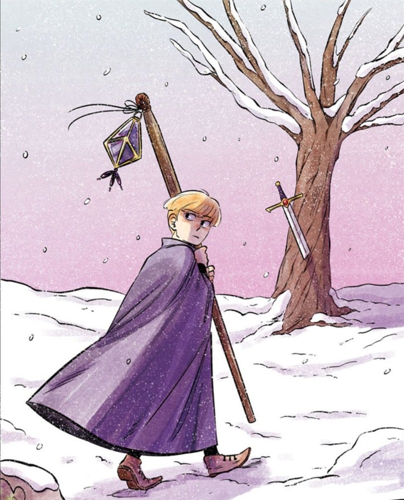 a boy in a cloak walks through the snow, holding a purple and yellow lantern tied to a staff. a tree without leaves can be seen in the background with a sword stuck through it.