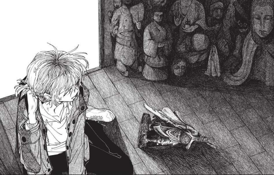 a scene from godmother. a woman with messy hair, kneeling on the ground by an open door, looks to the right towards several statues. one such statue has fallen over in front of her.