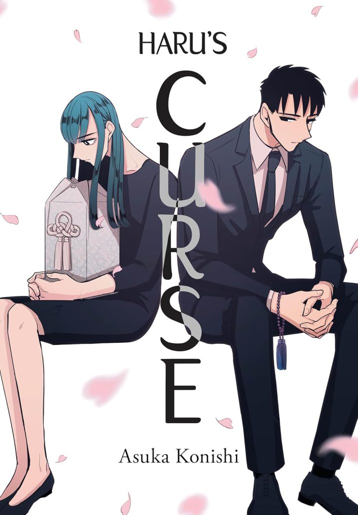 cover for haru's curse. a woman holding a box of ashes and wearing a black dress sits against the back of a man wearing a suit with a beaded bracelet around his left hand.