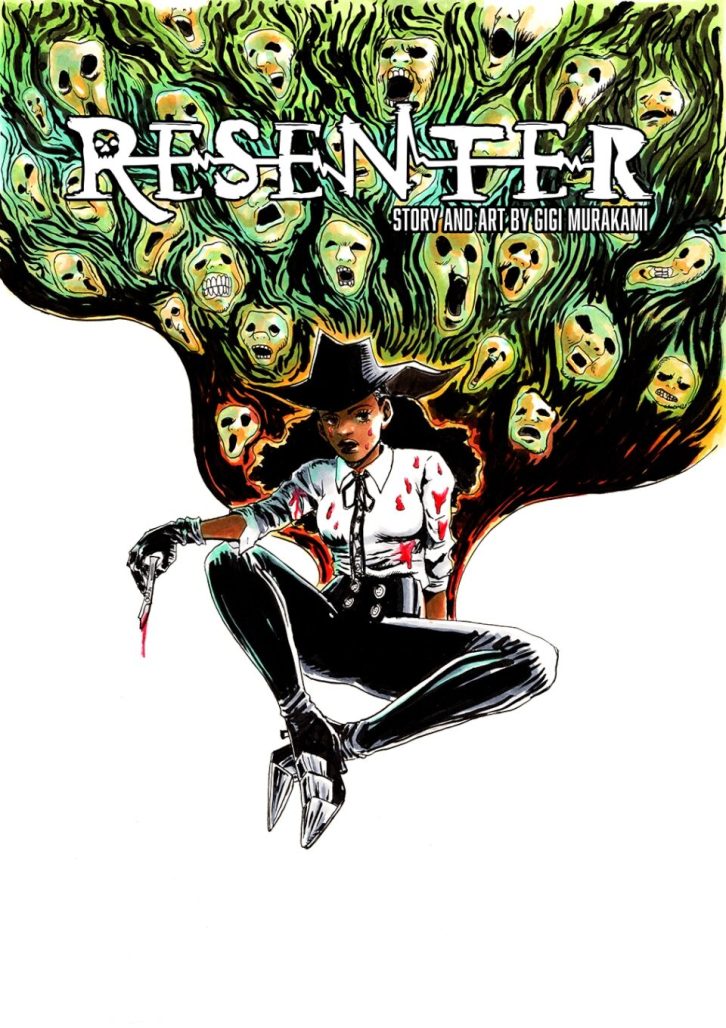 resenter cover image. a black woman with long hair, who is holding a bloody scalpel, sits on the ground. her white shirt is stained with blood and her boots have metallic vamps. she is also wearing a floppy hat. behind her is an emanating wave of screaming human faces and green mist.