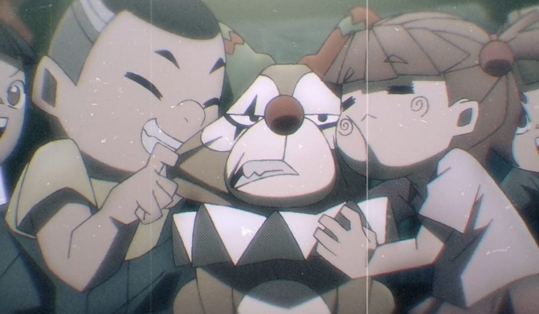 to be hero x header to be hero x ahu header. ahu, a small brown dog wearing a clown outfit, is scowling while held by various small smiling children.