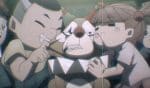 Anime Review: Ahu saves TO BE HERO X to be hero x ahu header. ahu, a small brown dog wearing a clown outfit, is scowling while held by various small smiling children.