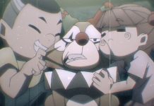 Anime Review: Ahu saves TO BE HERO X to be hero x ahu header. ahu, a small brown dog wearing a clown outfit, is scowling while held by various small smiling children.